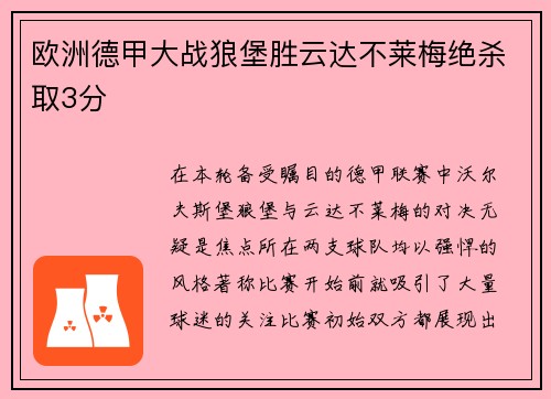 欧洲德甲大战狼堡胜云达不莱梅绝杀取3分