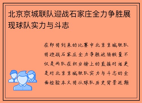北京京城联队迎战石家庄全力争胜展现球队实力与斗志